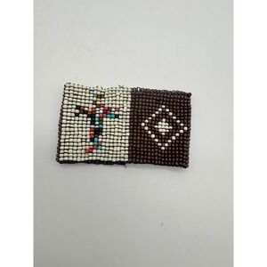 Vintage Loom Beaded Cross Diamond Cuff Bracelet Brown Cream Southwestern Wide